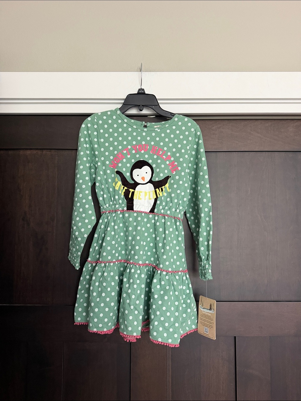 Peek Green Polka Dot Penguin Tiered Dress with Pink Trim